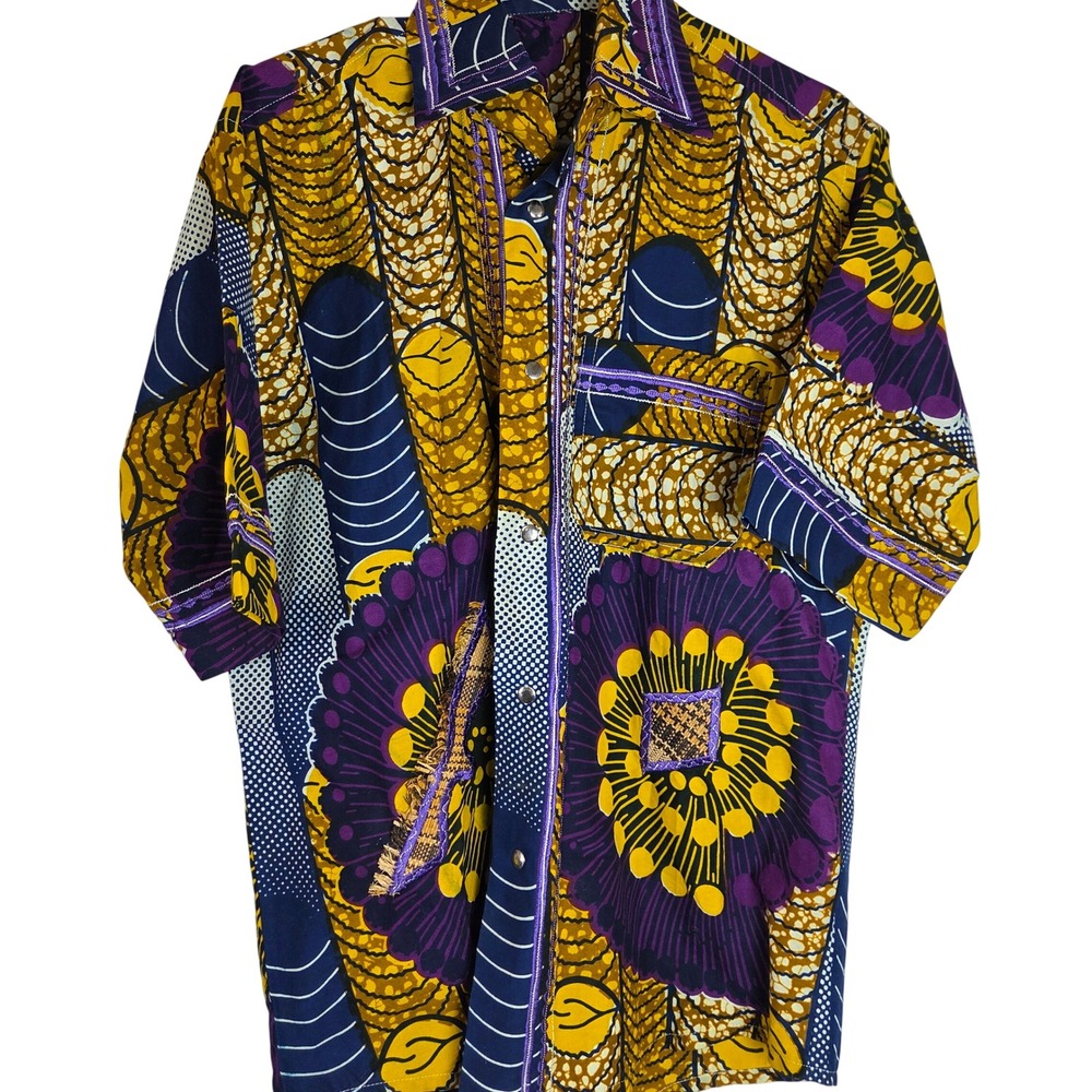 African Wax Print Button Shirt Mens XL Ankara Purple Gold Long Sleeve‎ Handmade